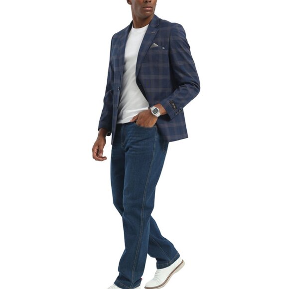 Navy Windowpane Check Notch Lapel Slim Fit Tazzio Men's Jacket - Picture 4 of 4